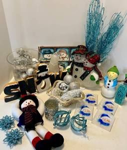 Snowman Decor Set with Plaid Scarves & Teal Glitter Accents and More
