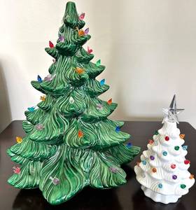 Ceramic Christmas Trees - Green with Multicolor Lights (missing base) and White