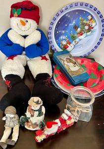 Christmas Decor Lot - Snowman Plush, Decorative Plate & Card Tin Set