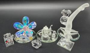 Crystal Miniatures Set - Hibiscus Flower, Teapot, Slot Machine, Penguin & Panda on Frosted Tree