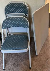 Folding Table & Stackable Chairs Set - Teal Leaf Pattern Upholstery