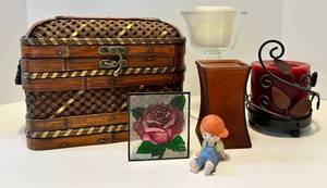 Vintage Wicker Basket with Hand Painted Rose Panel & Glass Candle Holder