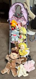 Dolls & Plush Toys in Pink Stroller - Mixed Baby Dolls, Bunny, Bear & More