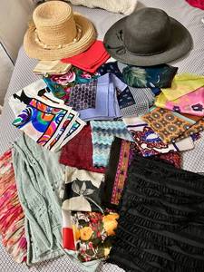 Hats & Scarves Bundle - Straw Hat, Black Wide-Brim Hat, Colorful Scarves