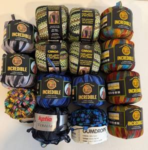 Assorted Yarn including Lion Brand Incredible Ribbon Yarn, Katia - Venecia, Cannon Pizazz and Gumdrops