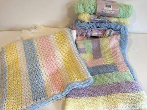 Baby Blankets - Pastel Stripes & Blocks (Lot of 3) with Partial Skeins of Yarn