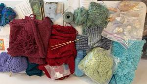 Assorted Yarn & Knitting Supplies - Multicolor Textured Yarns & Needles including Uncompleted Knitting Projects