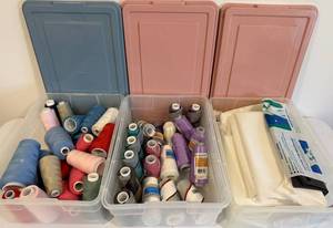 Thread Spools & Fusible Interfacing in Plastic Bins
