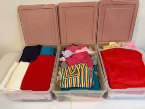 Assorted Fabric in Pink Plastic Storage Bins with Lids
