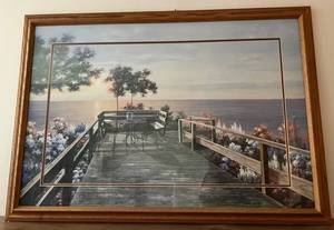 Framed Seascape Wall Art - Coastal Deck Scene - Bistro Table with Flowers & Sunset