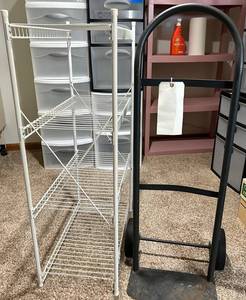 White Wire Shelving Rack & Black Hand Truck Dolly
