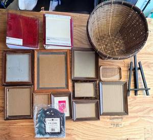 Wooden and Rustic style Frames & Photo Albums Set with Wicker Basket & Display Easel