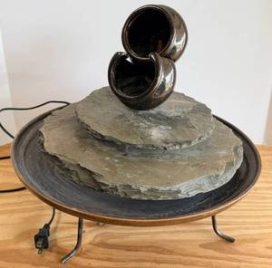 Slate Fountain with Ceramic Pot Orb Sculpture on Stone Base & Iron Stand