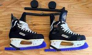 Bauer 300 Impact Ice Skates - BlackWhite Lace-Up Pair with 2 Sets of Skate Guards and 2 Pucks