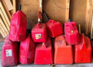 11 Gas Cans - Red Plastic Fuel Containers, Assorted Sizes