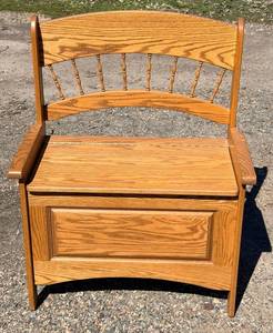 Oak Storage Bench with Cabinet & Drawer - Rustic Arch Back, Spindle Details