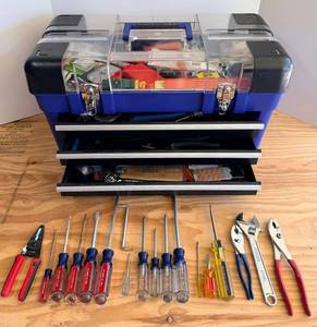 Blue Tool Chest with Clear Lid & Top Compartment - Contents Included