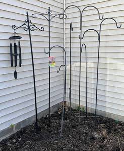 Eight Black Metal Shepherds Hooks & Wind Chimes