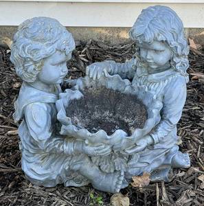 Two Children Garden Statue with Floral Base - Weathered Blue Gray Finish