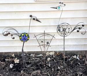 Three-Piece Metal Garden Stake Set - Floral & Bird Motifs