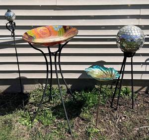 Mosaic Glass Garden Globes & Bird Baths on Iron Stands