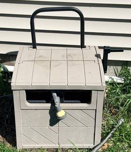 Suncast Hose Storage Cart with Hose - Portable Outdoor Storage Box on Wheels