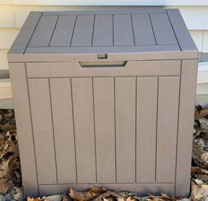 Gray Plastic Outdoor Storage Box - Patio Deck Box with Slatted Lid