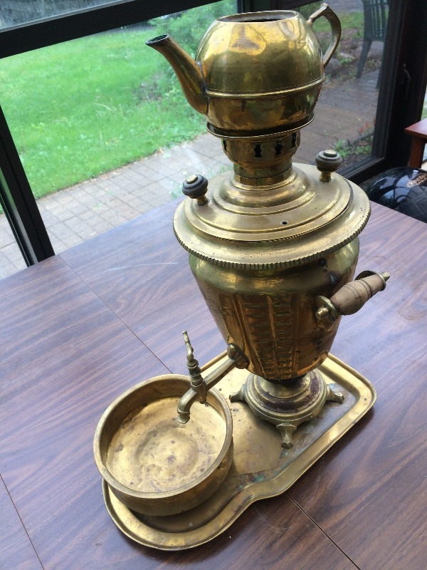 lot 67 image: Antique  Vintage  Russian Samovar - Nice BRASS Piece   stands approx. 20 inch TALL X 15 inch Wide x 9 inch Deep Possibly over 100 years old