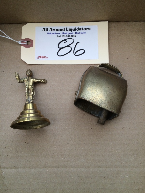 lot 86 image: Antique Brass Bell and collectible figure  (Lot of 2)