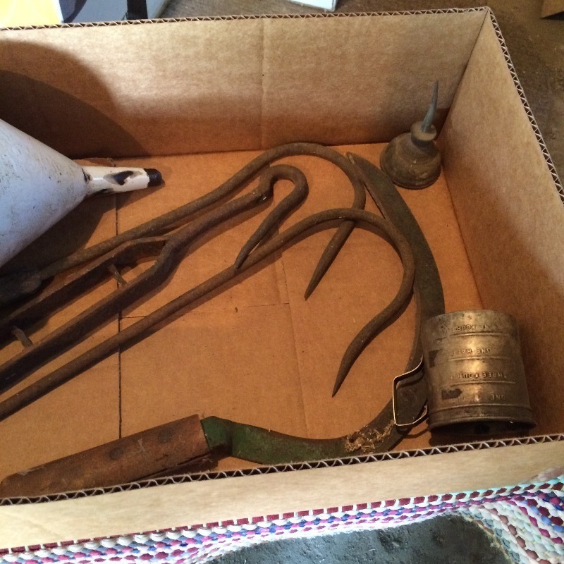lot 265 image: Antique  Vintage  - hooks, sickle, funnel, oil can, measuring cup  Lot of 7