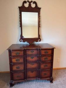 Antique Mahogany 12-Drawer Dresser with Mirror - Brass Pull Handles