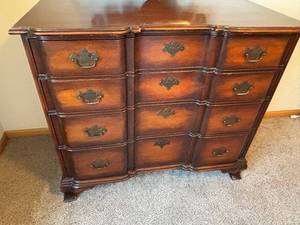 Antique Mahogany 12-Drawer Dresser with Mirror - Brass Pull Handles
