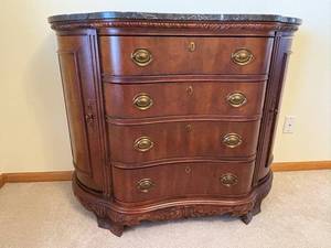 Marble-Top Dresser - 4-Drawer Curved Front, Walnut Finish, Brass Hardware