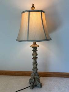 Ornate Carved Pedestal Table Lamp - Beige Fabric Shade, Bronze Finish