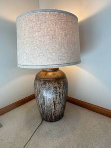 Ceramic Table Lamp with Linen Drum Shade - Rustic Glazed Finish 1 Light