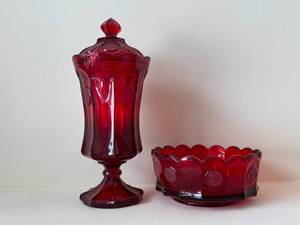Ruby Red Vintage Fostoria Coin Glass Covered Compote with Pedestal & Matching Scalloped Bowl (2-Piece Set)