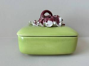 Green Jadeite Ceramic Trinket Box with Lid - Burgundy Floral Top