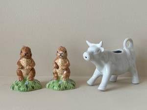 Pair of Brown Ceramic Bunny Figurines on Grass Bases & White Cow Planter