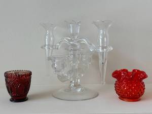 Crystal 3-Arm Candelabra with Burgundy Glass Vase & Red Hobnail Vase