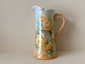 Porcelain Pitcher with Hand-Painted Yellow Roses - Pale Blue Gradient, Peach Handle