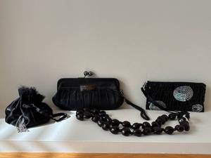 Fossil Kiss-Lock Clutch - Beaded Evening Clutch - Velvet Drawstring Pouch - Black Bead Necklace