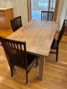Crate & Barrel Dining Table & 4 Pier One Imports Dark Brown Slat-Back Chairs - Made in Indonesia