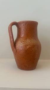 Vintage Terracotta Pitcher with Incised Wave Band - Handcrafted Earthenware Jug
