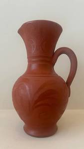 Vintage 1970s Terracotta Vase with Hand-Carved Swirl Motifs - Unglazed Red Clay, One Handle