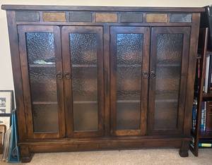 Dark Wood Display Cabinet with Textured Glass Doors - 4-Door, Rustic Mission Style