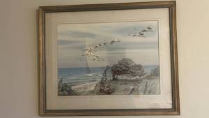 Framed Seascape Print - Geese in Flight Over Shoreline