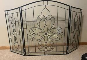 Frontgate 3-Panel Folding Screen with Floral Center Motif, Black Metal Frame