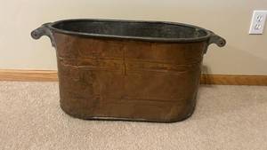 Antique Copper Wash Tub with Wooden Handles - Large Oval Metal Basin, Vintage Farmhouse Decor