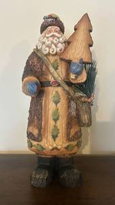 Hand-Carved Santa Figurine with Pine Tree - Rustic Bark-Textured Wood Sculpture