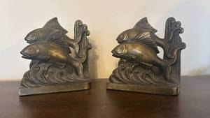 Brass Fish Bookends - Pair with Wave Motif